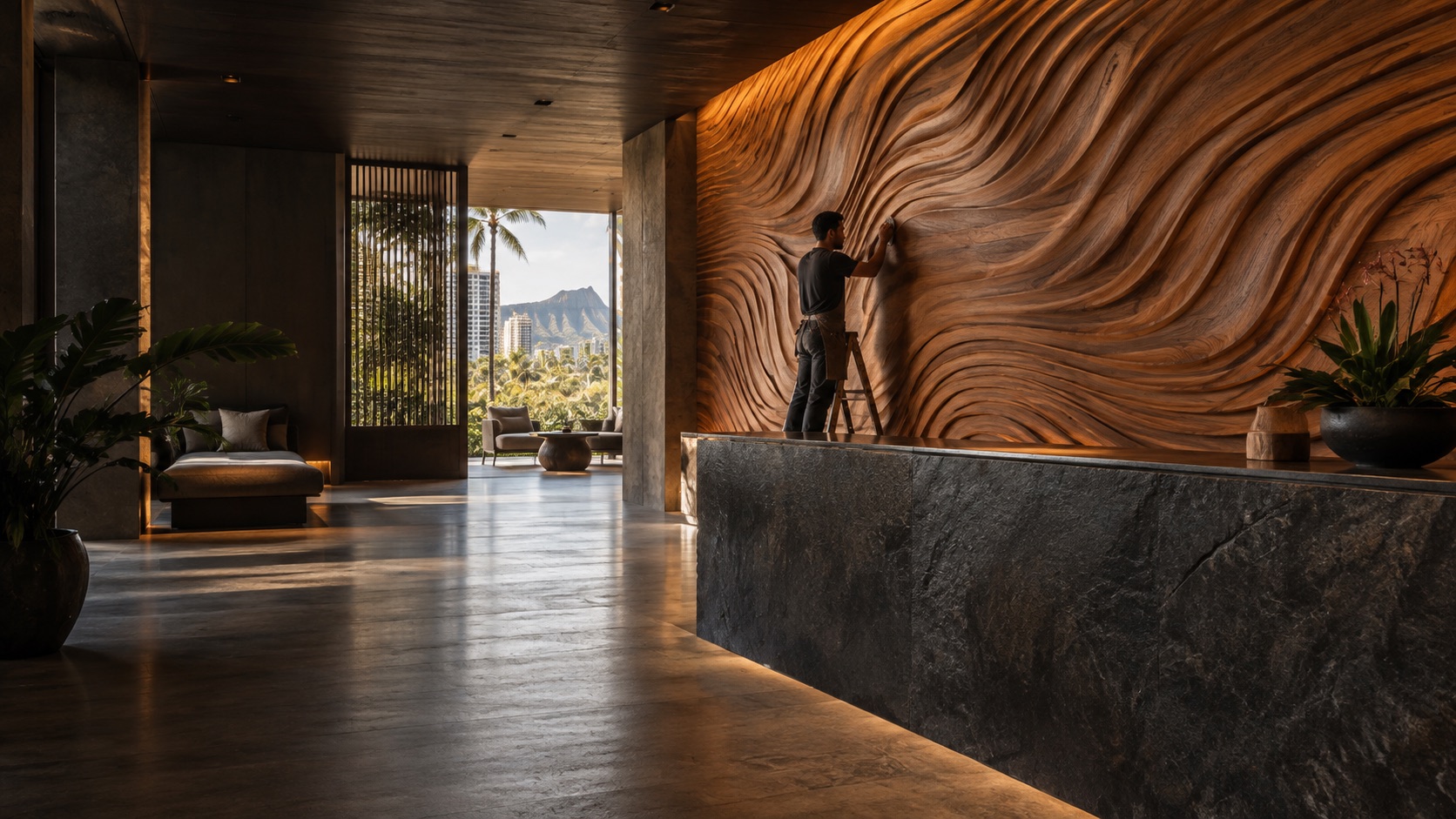 Illustrative concept of a carved wood hospitality feature wall